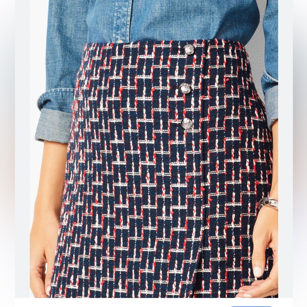 Talbots textured tweed pencil skirt fringe hem, Navy/Red size 4P